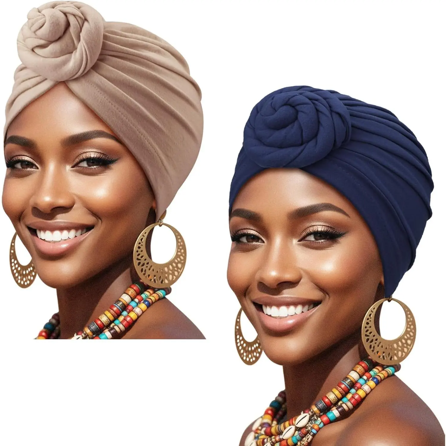 Women's 2-Pack Knit Fabric Turban Caps - Pre-Tied Twisted Turban Shape Head Scarf Wrap, Female Wear Cancer Chemo Hair Cover Beanie