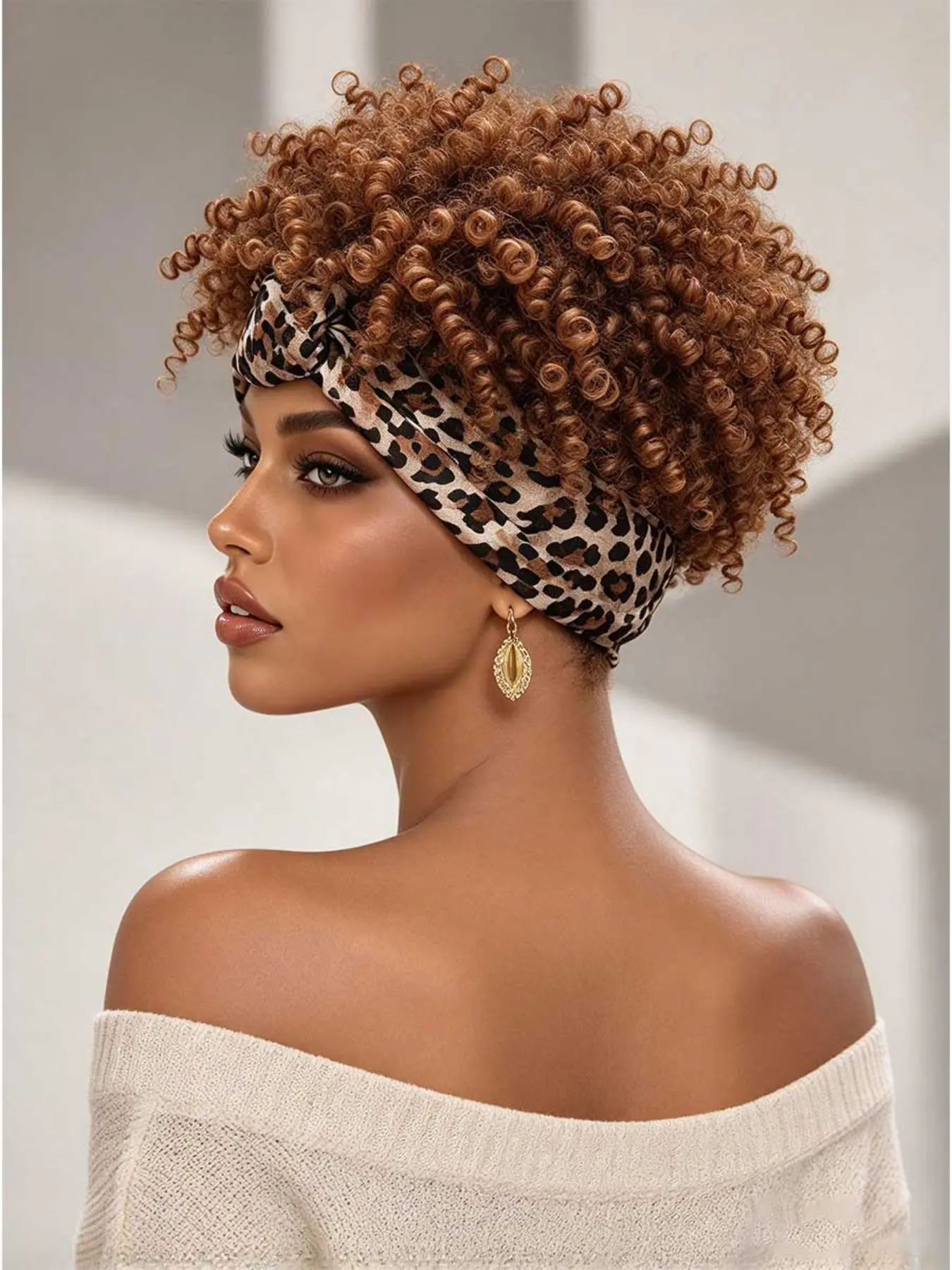 Women Leopard Print Headband Wig, Short Curly Afro Synthetic Wig, Heat Resistant Wrap Headband Wigs for Women Daily Wear