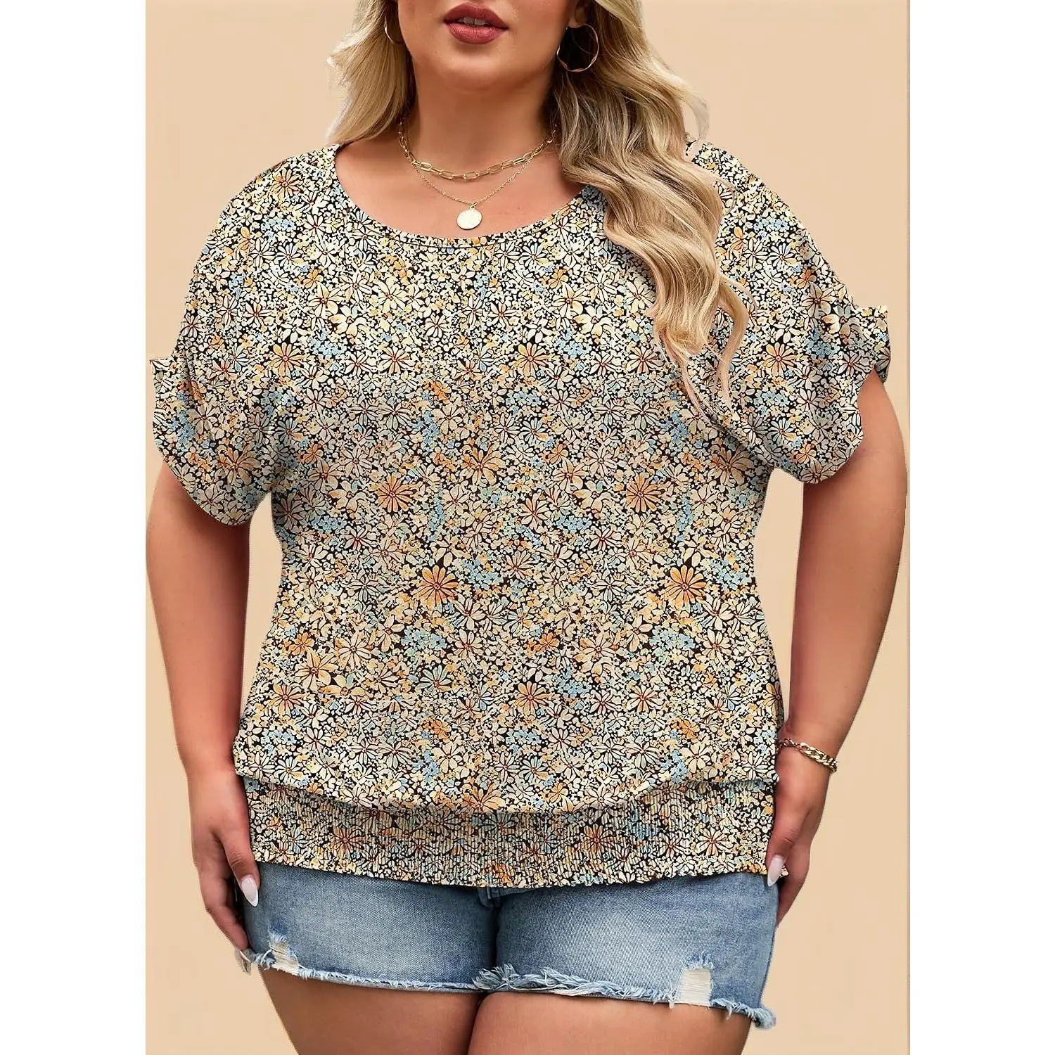 Plus Size Women Boho Smocked Tops Boat Neck Short Sleeve Summer Tees Loose Stretch Casual Daily Shirts
