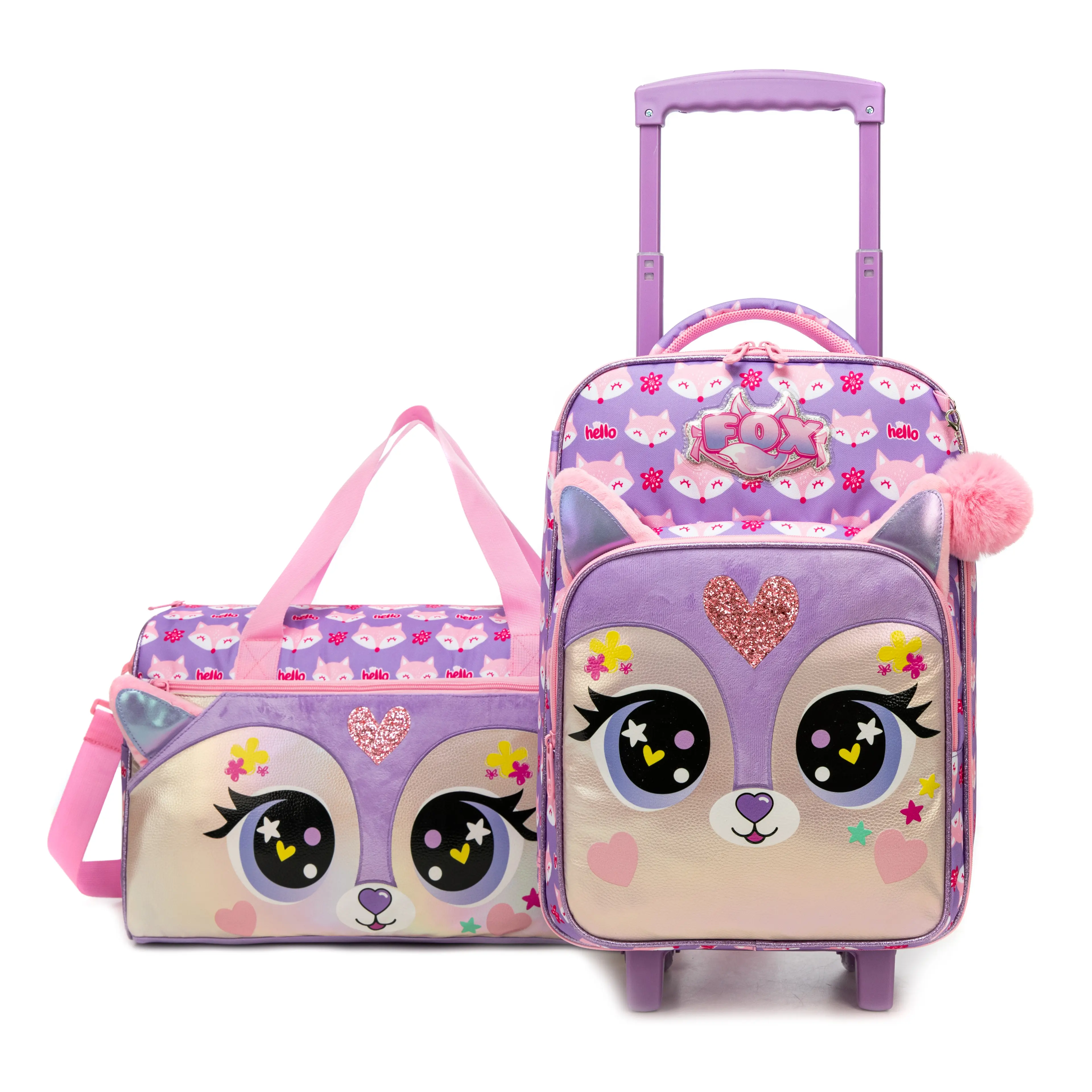 Girls' Kawaii Cute 2-Piece Softside Fabric Luggage Set - High Capacity Big Eyes Fox Rolling Suitcase, Multi-Compartment Matching Weekender Duffel Toddler Travel Bag 2026