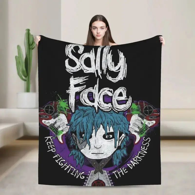 Sally Face Rock Guitar Flannel Throw Blanket Keep Fighting The Darkness Slogan Black Background Horror Game Sofa Fan Blanket