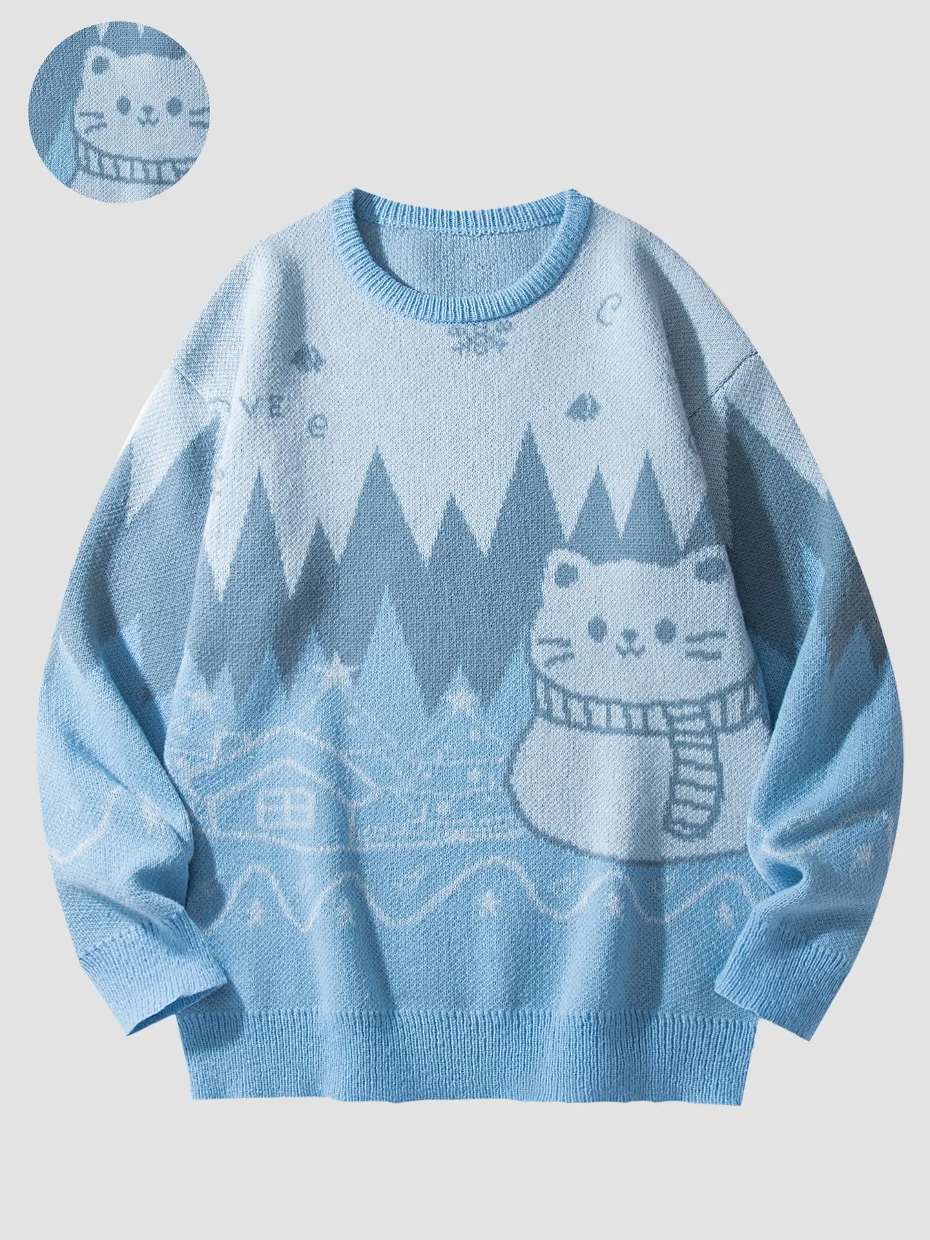 Men Women Fall Winter Christmas Round Neck Knit Sweater, Cartoon Cat Scarf Snow Scene Pullover, Soft Light Blue Long Sleeve Top