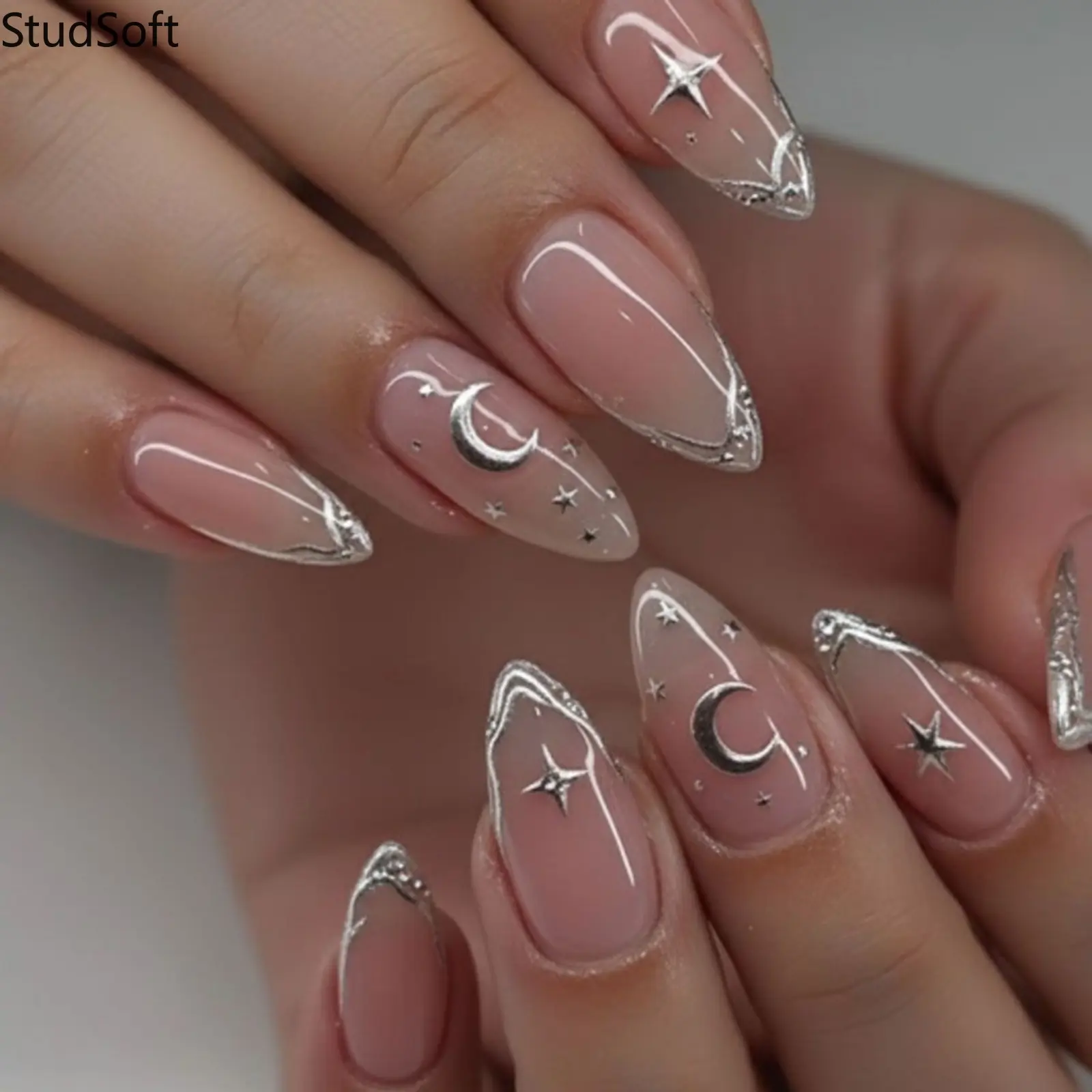 24PCS Silver Chrome French Tip Press on Nails Star Moon Fake Nails Full Cover Medium Almond Molten Metal Artificial False Fingernails Y2K Party