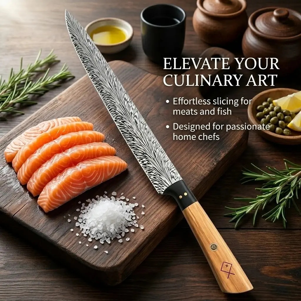 Professional Sushi Knife with Fish Bone Tweezers, Feather-Pattern Yanagiba Slicer, Ergonomic Wood Handle, Ultra-Sharp Blade for Effortless Sashimi & Meat Cutting, Kitchen Essential, Ideal Gift for Cooking Lovers & Culinary Enthusiasts
