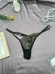 Women's Low Waist Thong Panties with Embroidery Lace Trim, Adjustable Size Metal Chain, Sexy Comfortable Underwear, Soft Female Lingerie