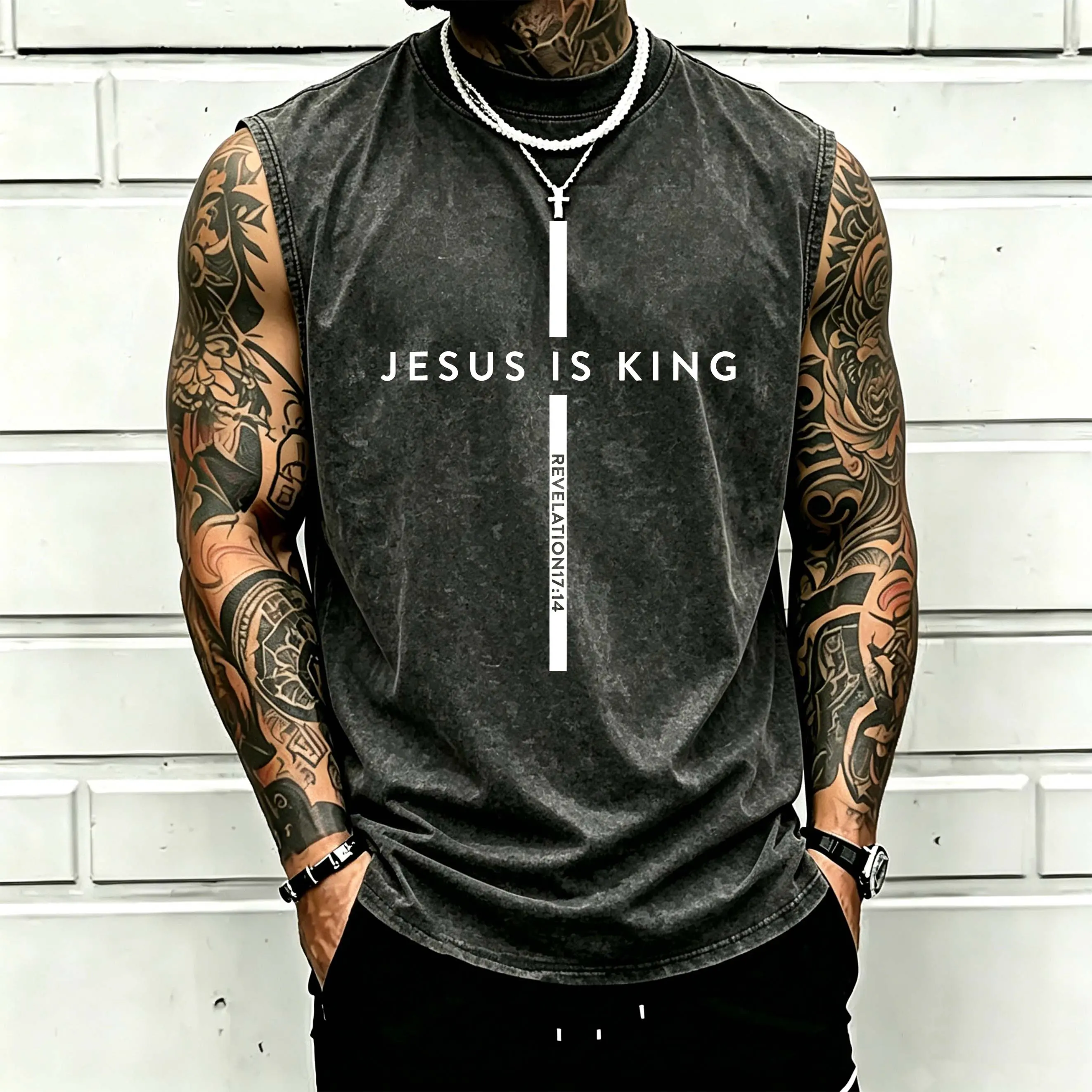 Men's Christian Washed Sleeveless T-Shirt, 100% Cotton Oversized Tank Top, Jesus Is King Faith Graphic Shirt, Vintage Acid Wash Muscle Tee, Loose Fit Gym Workout Streetwear, Religious Gift for Men, Summer Casual Apparel