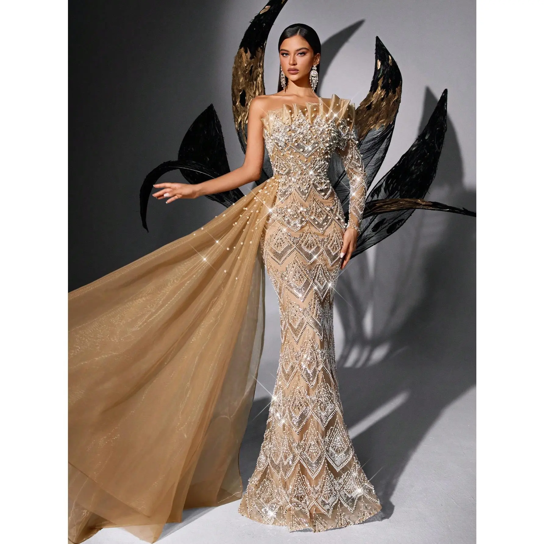 Asymmetrical One Shoulder Single Side Mesh Train Geometric Rhinestone Mermaid Gown, Floor Mesh Formal Dress For Red Carpet Shooting & Award Events