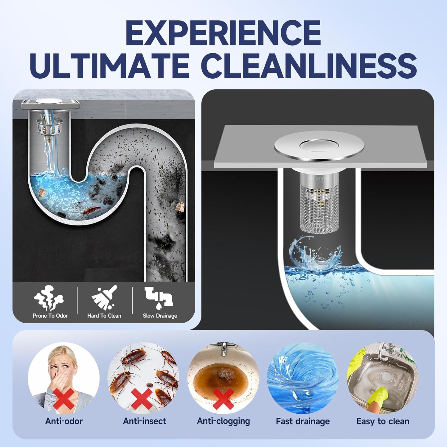 Bathroom Sink Stopper HairCatcher, Universal Pop Up Sink Drain Filter withStainless Steel Filter Basket, Bathroom Sink Drain Strainer Brass Construction Rubber Shower