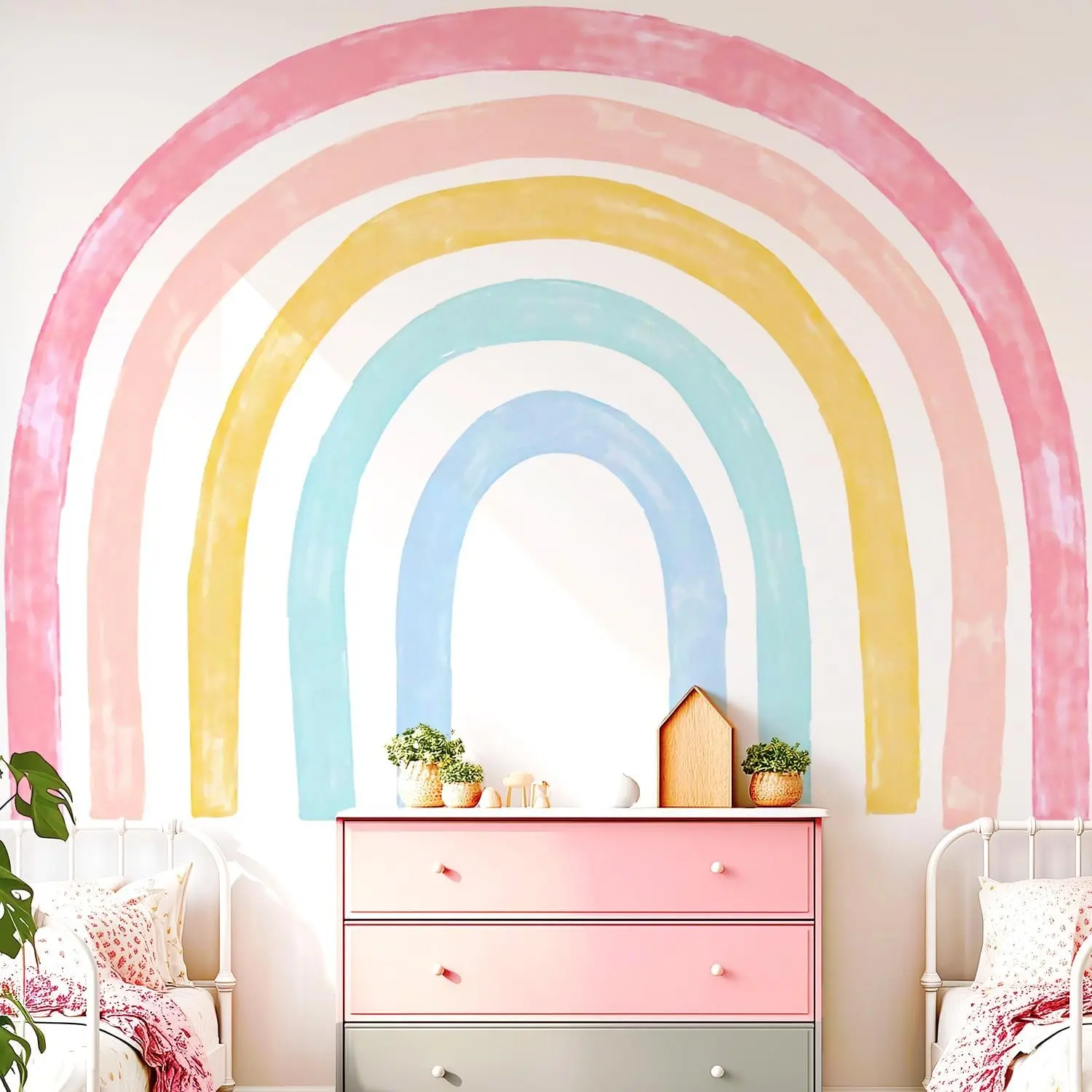 Large Watercolor Rainbow Decorative Wall Decals - Colorful Peel-and-Stick Removable Fabric Nursery Stickers for Kids' Bedrooms, Living Rooms