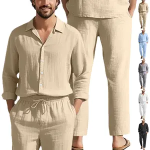 Men's 2-Piece Stylish Linen-Polyester Fabric Matching Set - Baggy Oversize Loose-Fit Long Sleeve Shirt, Soft Plain Comfortable Pants, Sun-Protective Beach Casual Outfit
