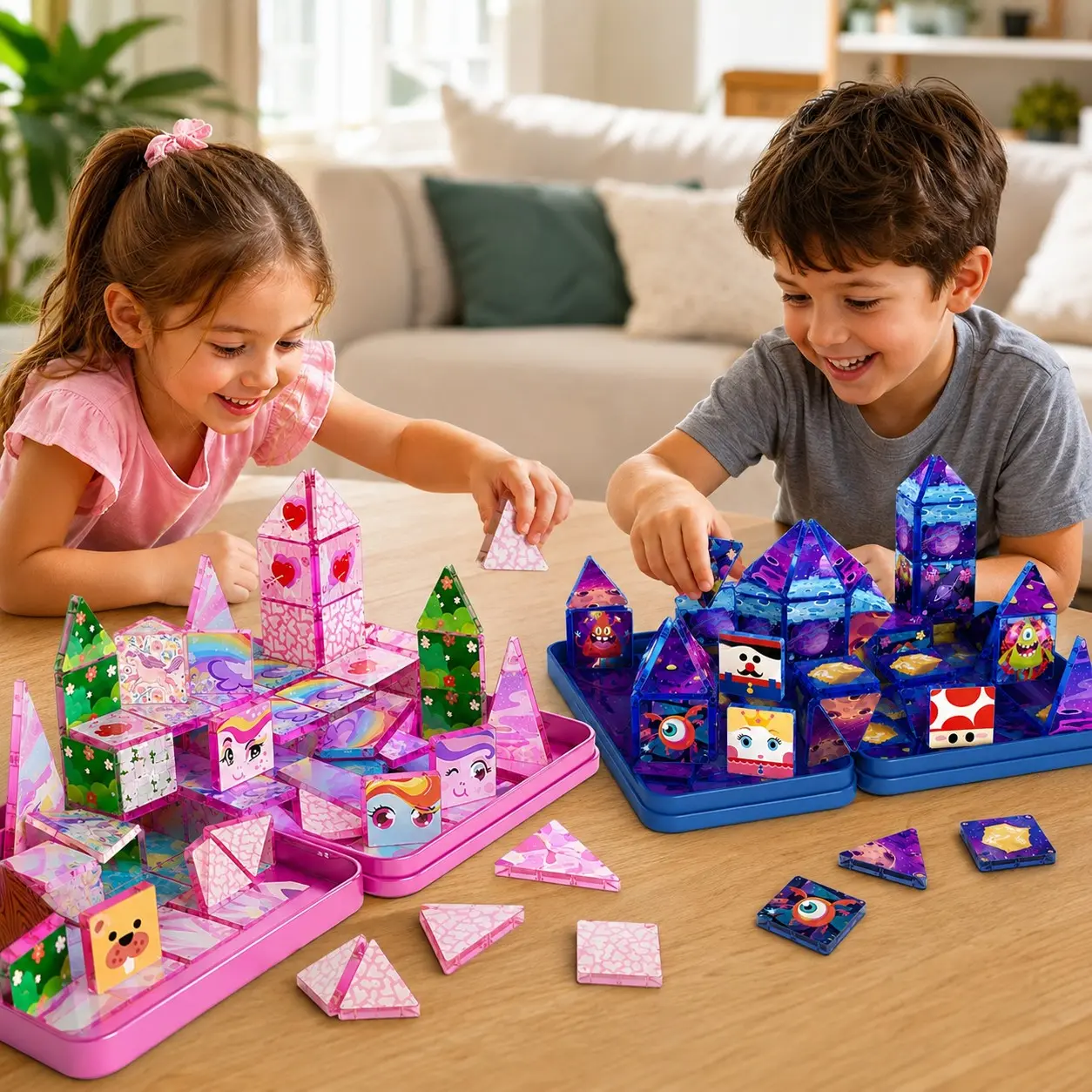 36pcs Magnetic Building Tiles Set, Castle & Blue Space Theme, Stem Educational Toy, Hand-Eye Coordination, Gift for Kids