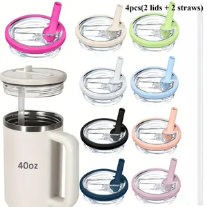 4Pcs Foldable Tumbler Replacement Lids Accessories for 40oz Cups, 2 Flip Straw Lids + 2 Straws, Leakproof Dustproof Spill Stopper with Portable Handle, Compatible Stanley Cup Car Travel Tumbler Cover