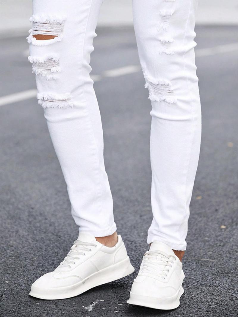 Men's Solid Ripped Straight Leg Jeans, Casual Comfy Slim-fitting Denim Pants for Daily Wear, Streetwear Fashion Men's Bottoms for All Seasons, Cotton, Menswear, Ripped Skinny Jean