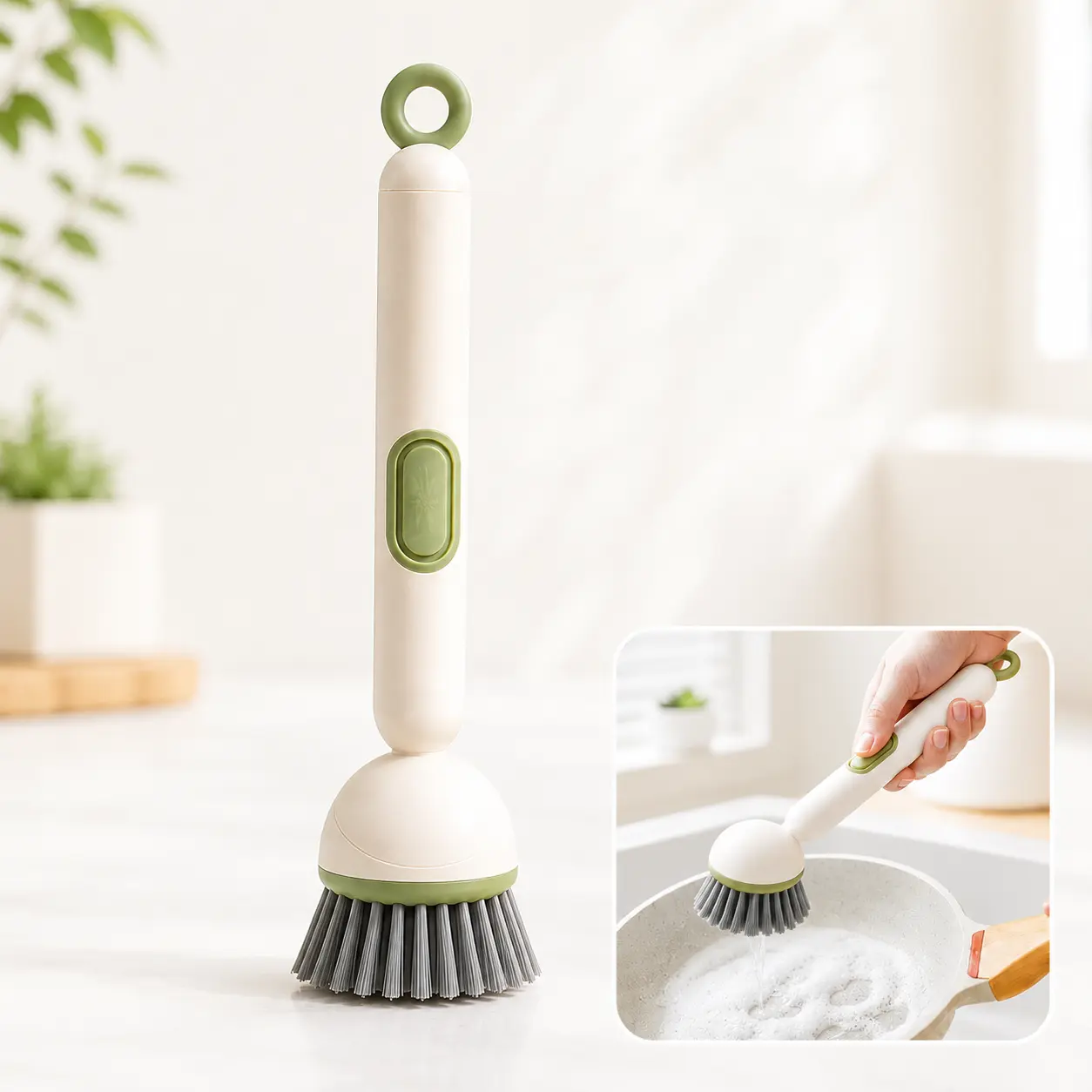 6-in-1 Dish Brush with Detergent Dispenser, 360° Rotating Scrub Brush for Pots, Pans, Dishes, Sink & Kitchen Cleaning