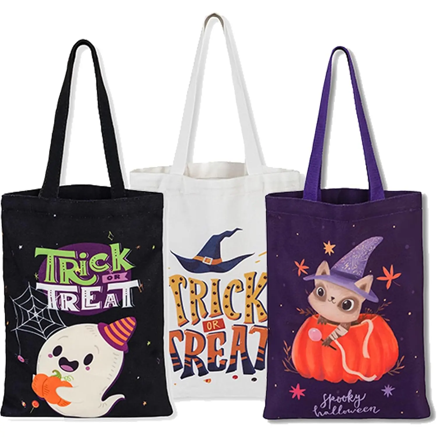 Trick or  Bags Halloween Bags 3PACKS   Canvas  Large Tote Bucket for