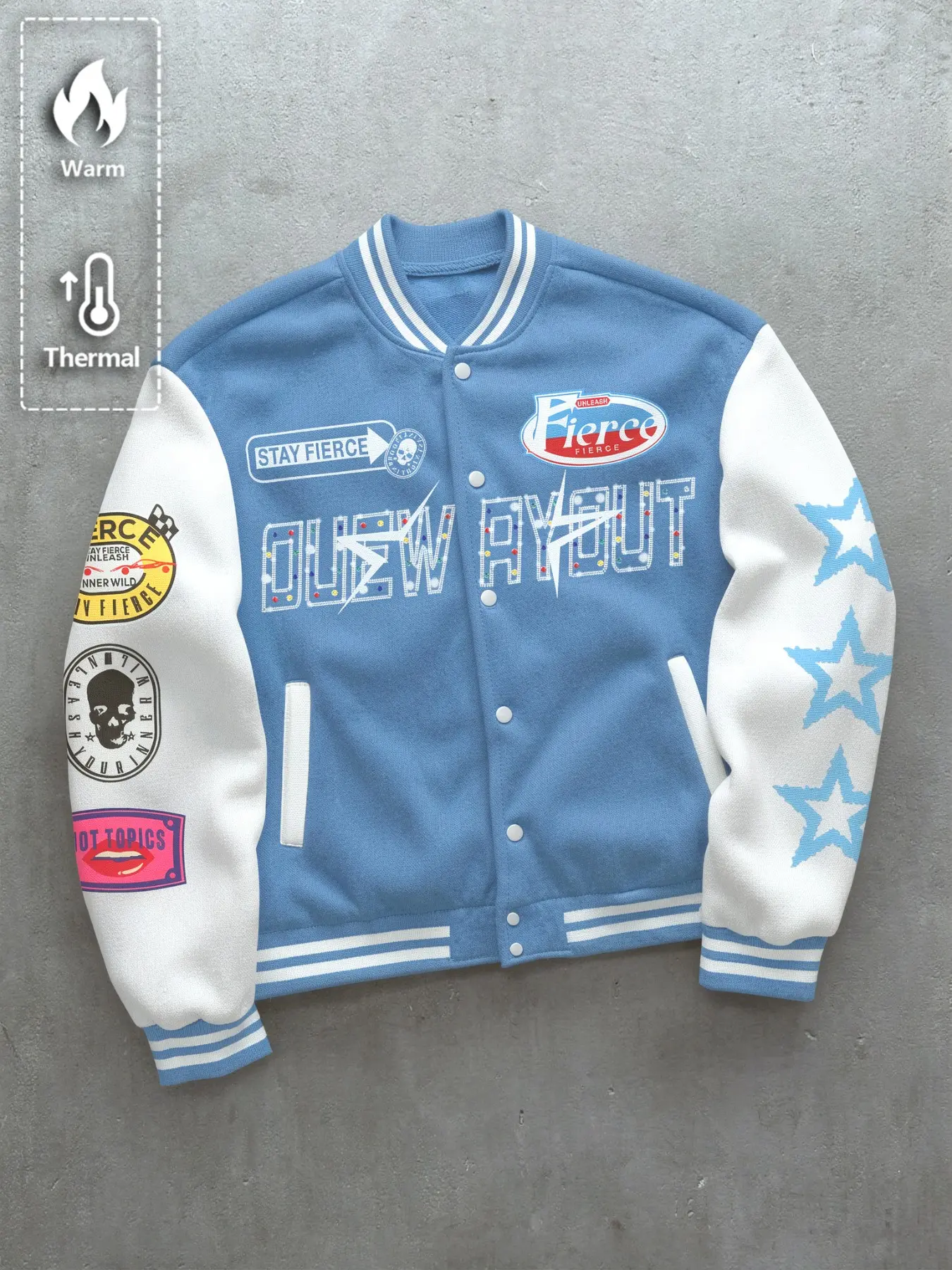Men's College Style Baseball Jacket, Multi-Patch Print Blue Contrast, Casual Hip-Hop Street Fashion Button Pilot Outerwear, Letter Patched Jacket