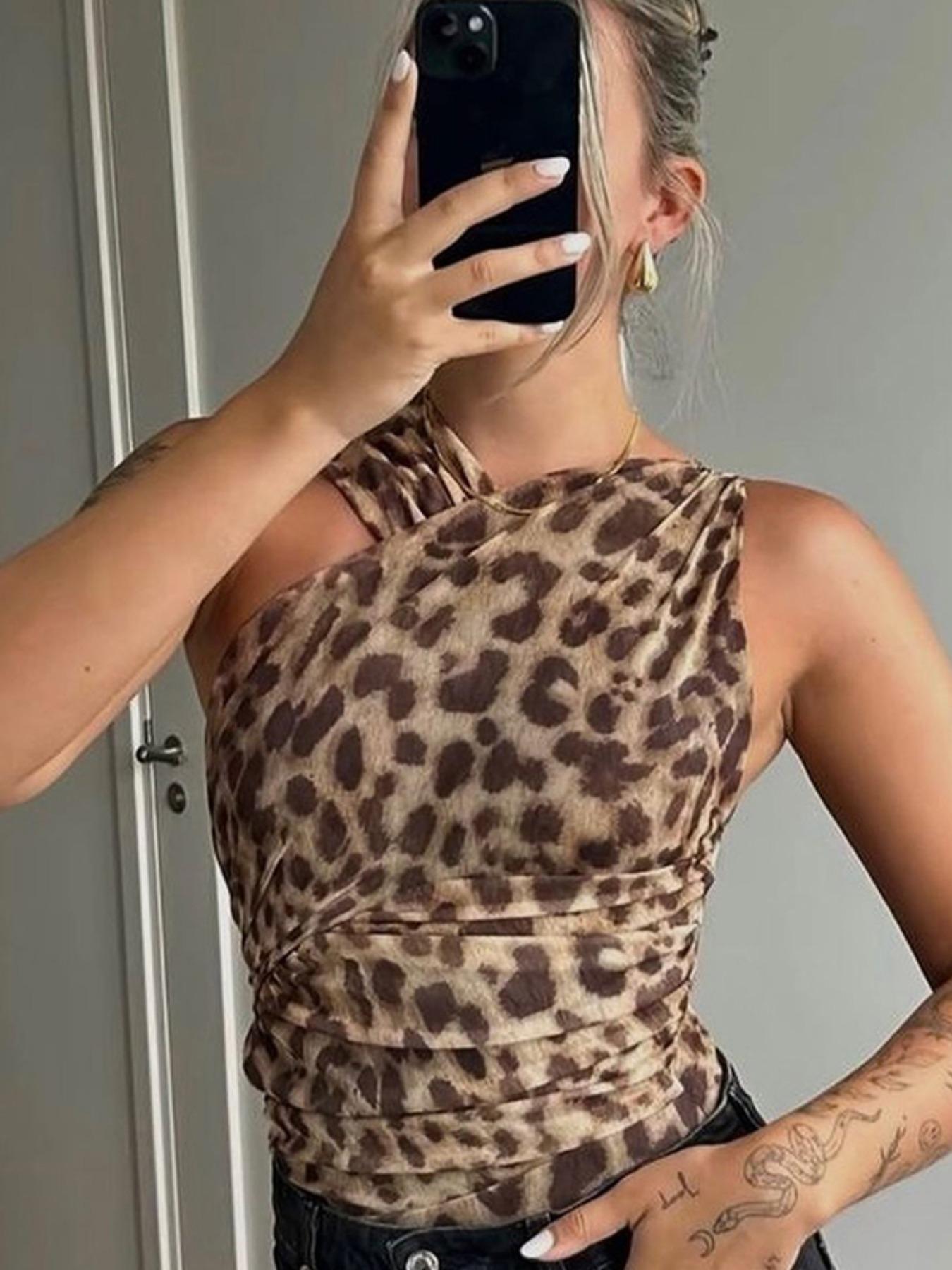Women's Leopard Print Asymmetrical Neck Ruched Mesh Slim Bodysuit, Fashion Casual Sleeveless Bodysuit for Summer, Ladies Clothes for Holiday Party Club