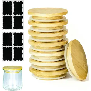 8 Pack Yogurt Jar Lids with 8 Labels, Food-Grade Bamboo Lids for 5Oz Yogurt Jars, Reusable Wooden Canning Covers Perfect for Yogurt Bottle with Airtight Seal Ring(Jar not Included)