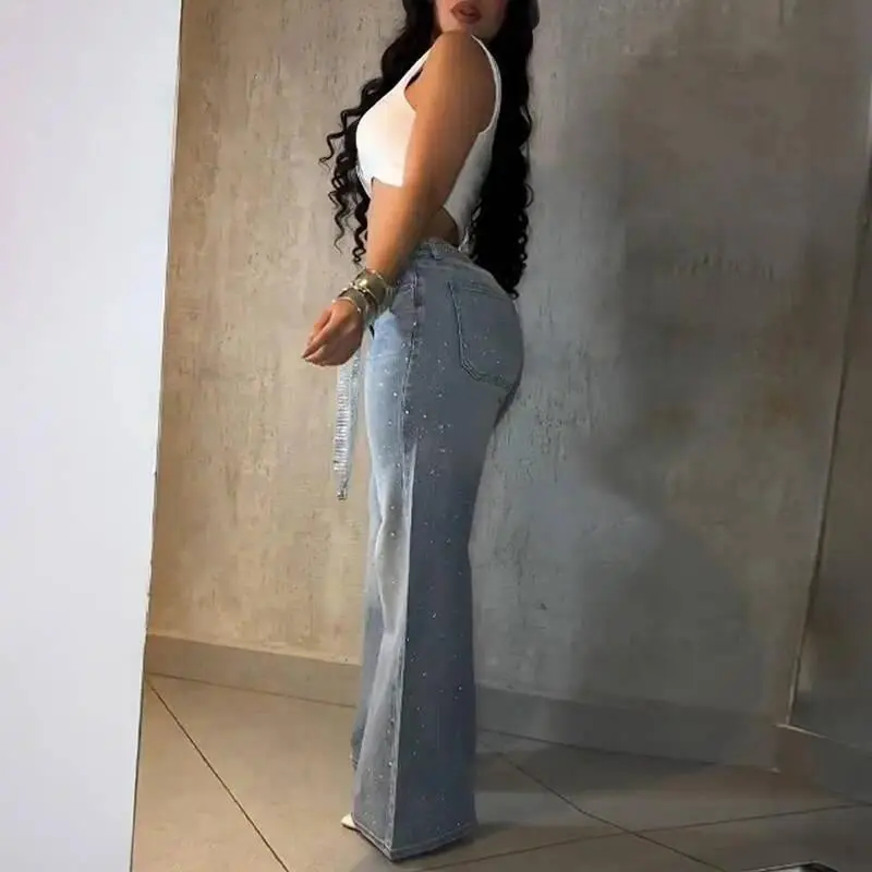 Women's High-Waist Rhinestone Decor Wide-Leg Jeans, Casual Loose-Fit Denim Pants with Zipper Fly and Rhinestone Belt, Blue Bottoms