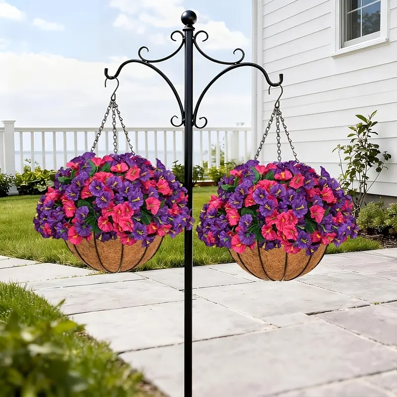 2 Sets Hanging Metal Baskets with Red Lotus & Purple Morning Glory - Fade Resistant UV-Protected Silk Blooms for Summer to Fall Porch, Patio, Balcony, Garden & Thanksgiving Decor, No Watering, All-Weather