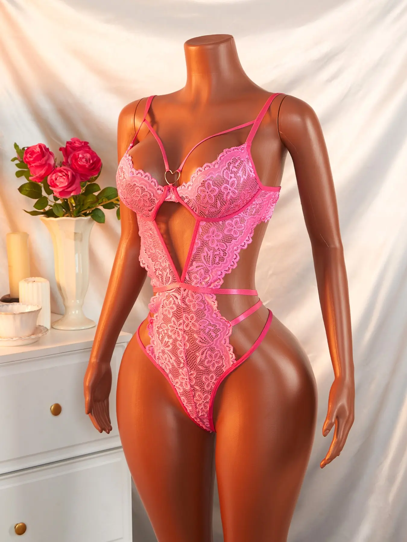 Women's Sexy Bodycon Dress, Floral Pattern Heart Design, Hollow Out Lace Lingerie, Perfect for Special Holidays, All-Season Wear