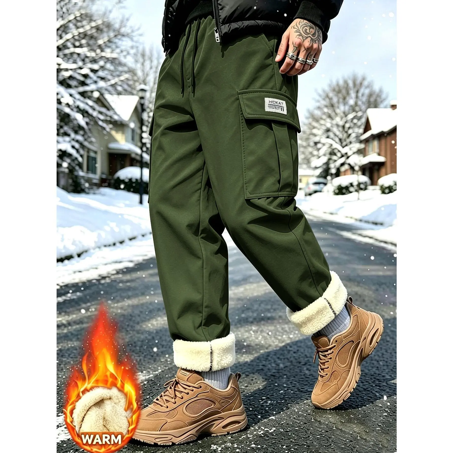 Men's Fleece Lined Workwear Running Pants - Elastic Drawstring Waist Warm Casual Pants with Large Pocket Capacity, Suitable for City Street Hiking, Daily/weekend Casual Wear with Fleece Lined Pants