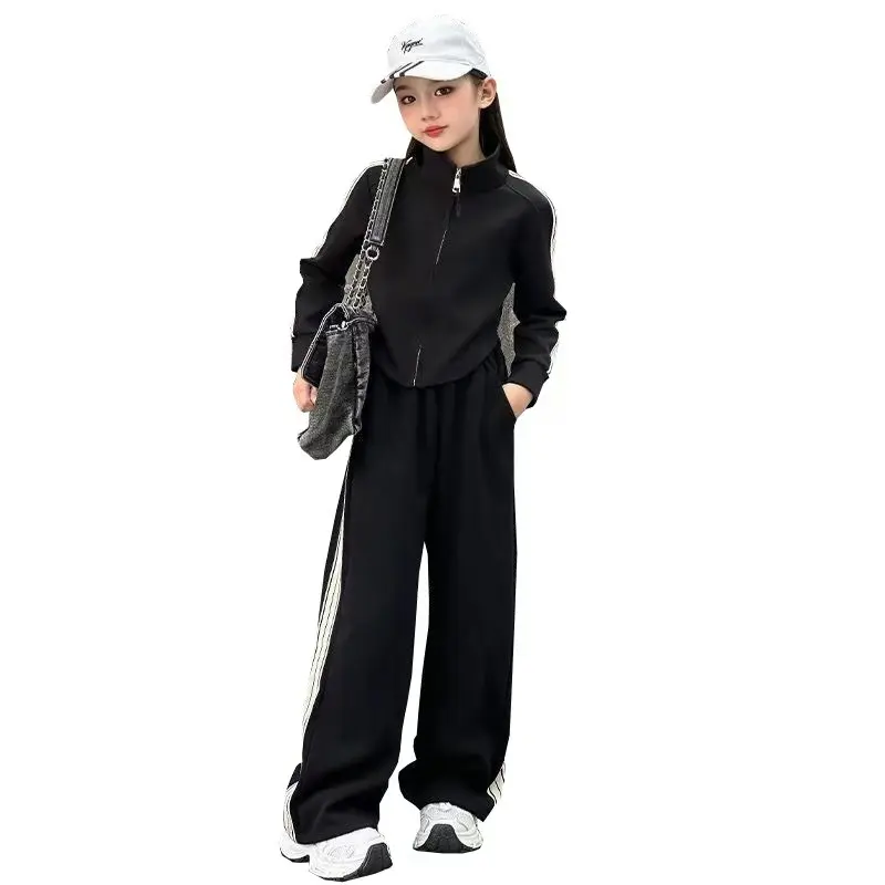 Girls’ Autumn And Winter 2-Piece Sportswear Set, Warm Fleece Hooded Zipper Jacket Paired With Sweatpants, Comfortable Casual Kids Outfit, Suitable For Daily Wear, Holiday Occasions And Outdoor Activities