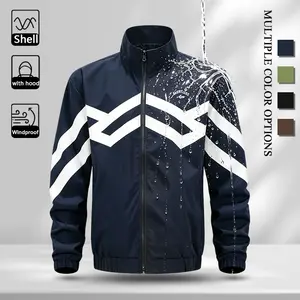 Fashion Chevron Stripe Graphic Printed Men Windproof Water Repellent Outer Jacket, High Stand Collar Full Zip Casual Daily Jacket with Hidden Side Pockets, Elastic Rib Cuffs Hem Lightweight Street Sports Travel Jacket for Men, Timeless Multi Tone Design t