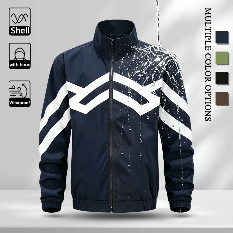 Fashion Chevron Stripe Graphic Printed Men Windproof Water Repellent Outer Jacket, High Stand Collar Full Zip Casual Daily Jacket with Hidden Side Pockets, Elastic Rib Cuffs Hem Lightweight Street Sports Travel Jacket for Men, Timeless Multi Tone Design t