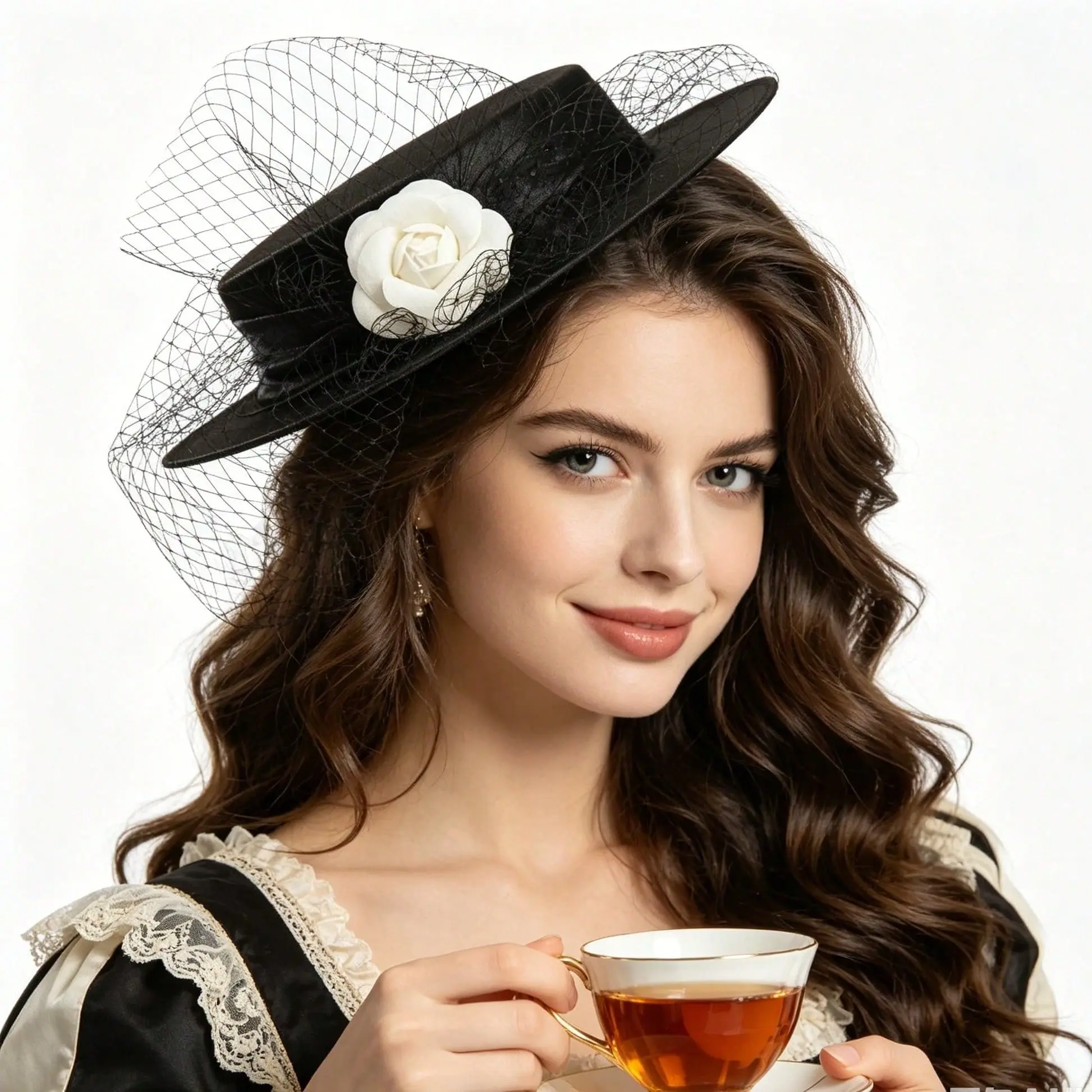 Women's Vintage Black Mesh Pillbox Hat with White Rose, Elegant Half-Face Net Fascinator for Wedding, Formal Events