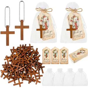 100 Set Funeral Favor for a Memorial Service with 100 Wooden Cross Keychain Funeral Thank You Card Organza Bag Guest Sympathy Gift for Remembrance Bereavement Celebration of Life(Cross)