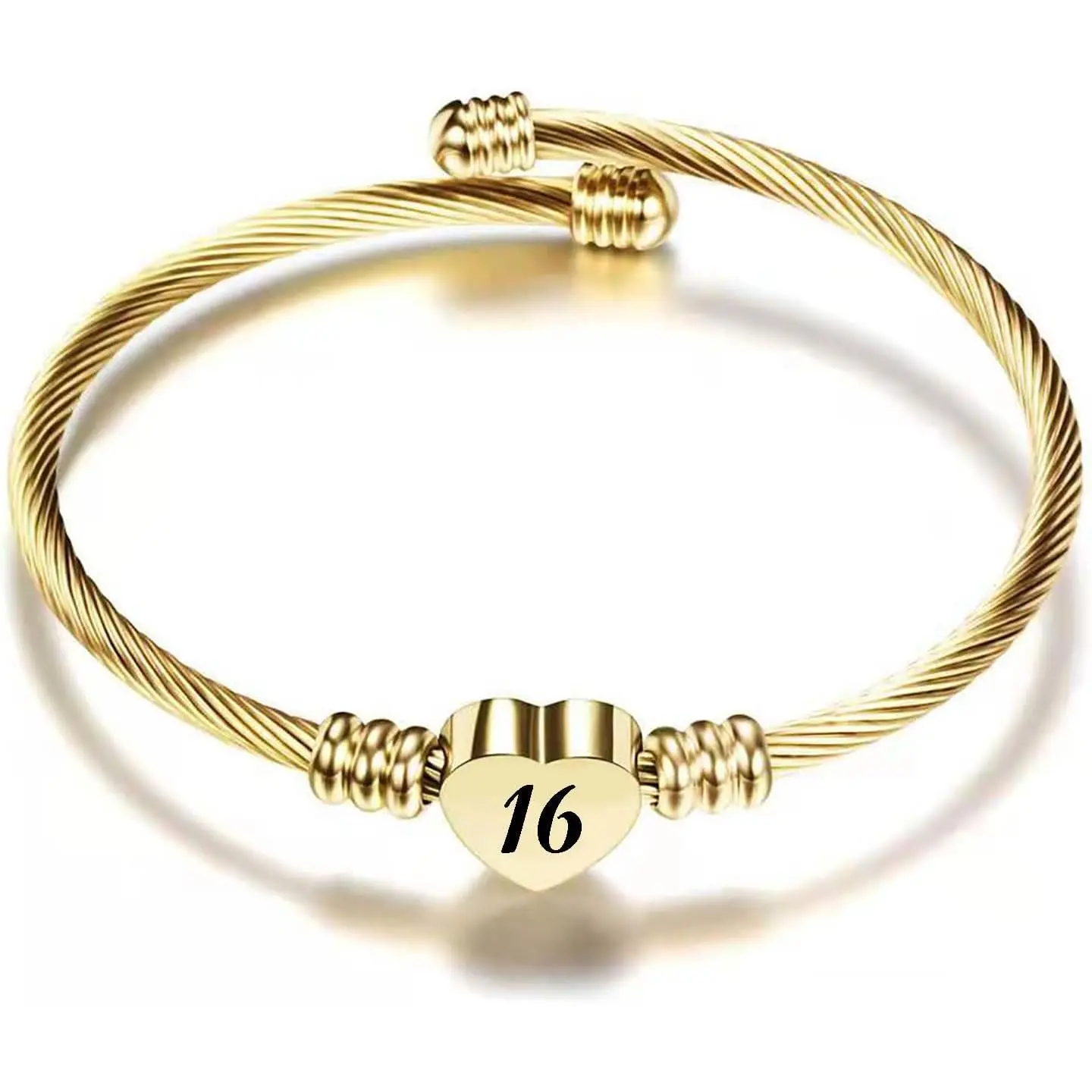 Women's Adjustable Size Stainless Steel Cuff Bangle Bracelet - 13/16/18/21/30/40/50/60/70 Cursive Engraving Heart Shape, Nickel-Free Plated Birthday Gift for Her
