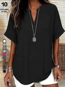 2026 Spring Summer New Arrival Women's Notch V Neck Blouse, Rolled Cuff Short Sleeve Loose Fit Curved Hem Shirt, Wrinkle Free Crinkled Texture Breathable Casual Top for Daily Errands Shopping and Vacation Outfits