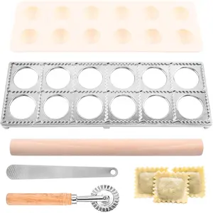 12 Holes Ravioli Press Mold Set Pasta Making Tools with Pasta Cutter Stamp, Wood Rolling Pin, Filling Spoon for Ravioli Dumpling Hand Pie