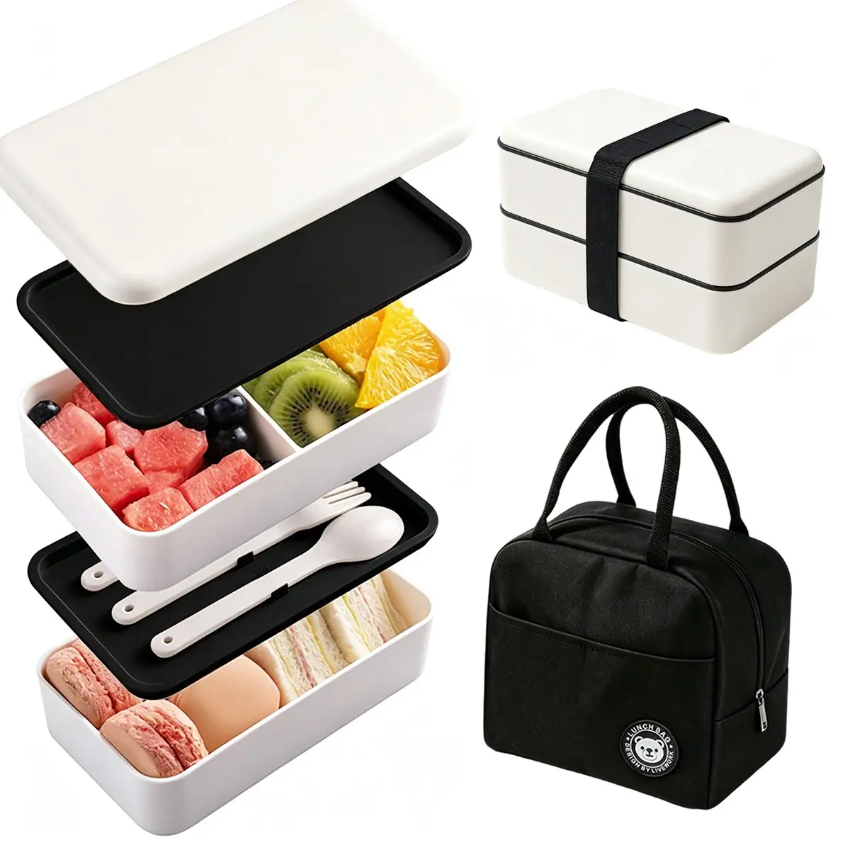 1 Set White&Black Double Triple Layer Compartment Bento Box Kit With Free Spoon & Fork, Separated Layers Prevent Flavor Mixing, Easy To Wash, Microwave Safe, Matching Insulated Tote Bag For Daily Meal Prep, Office, School, Trip & Outdoor Camping