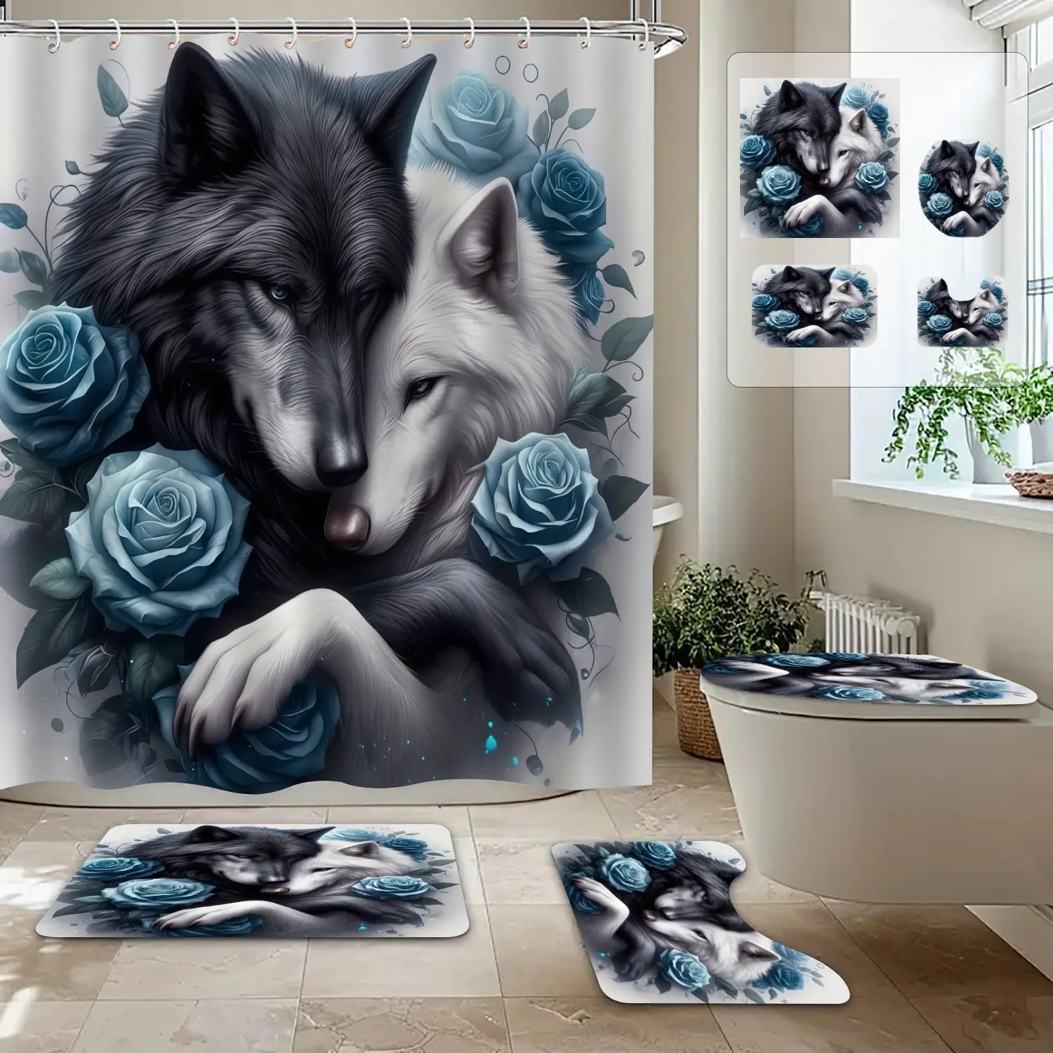 1/4pcs Dual Wolf Blue Rose Print Shower Curtain Set, Dark Romantic Style, 100% Polyester, Waterproof, Bathroom Decor