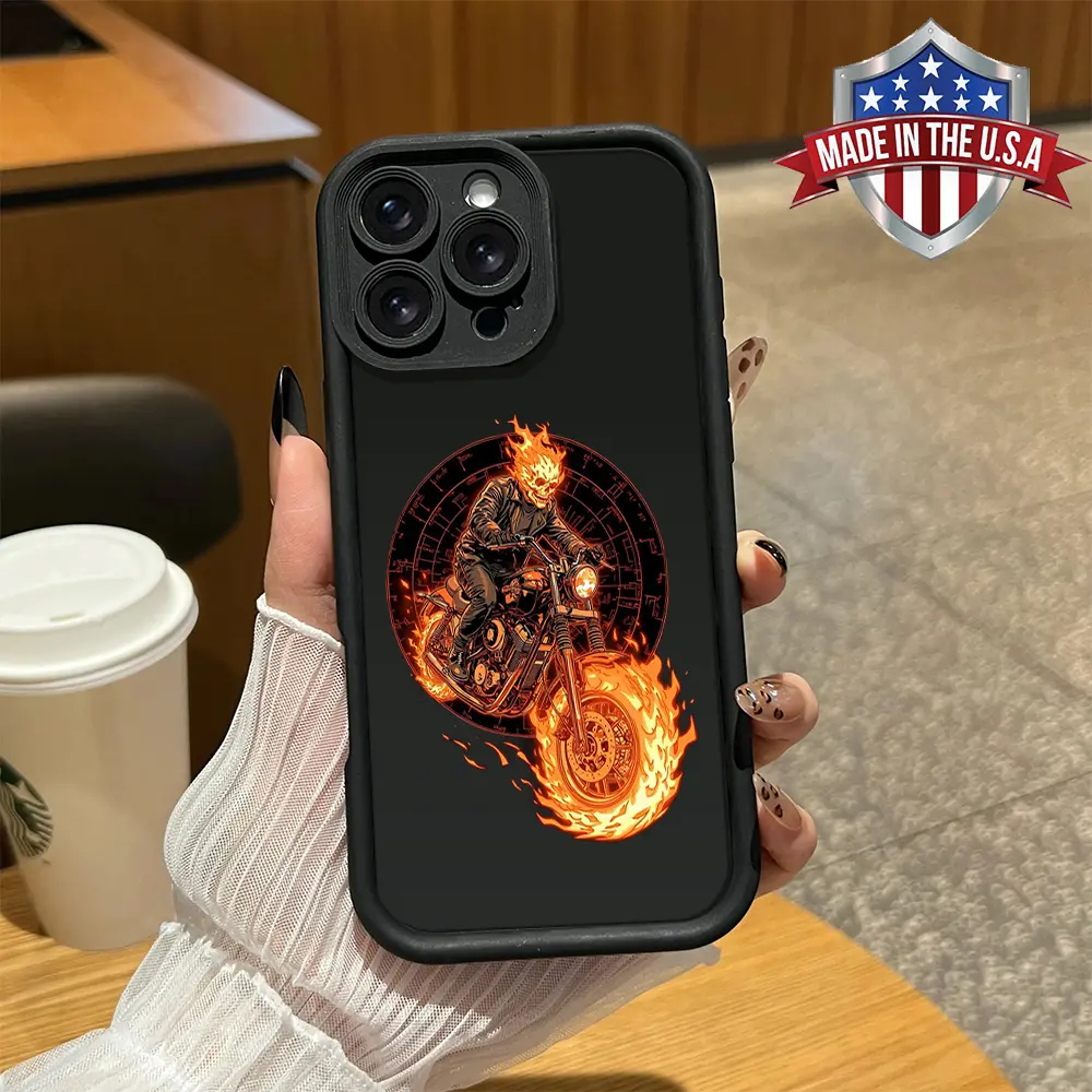 Flaming Ghost Rider Riding Motorcycle Shockproof Anti Drop Phone Case For iPhone 17Air 16Pro Max 15 14 13 12 11Pro Plus Samsung Galaxy S21 S22 S23 S24 S25 S26 Plus Ultra FE tough shockproof anti-drop designer fashion stylish gift