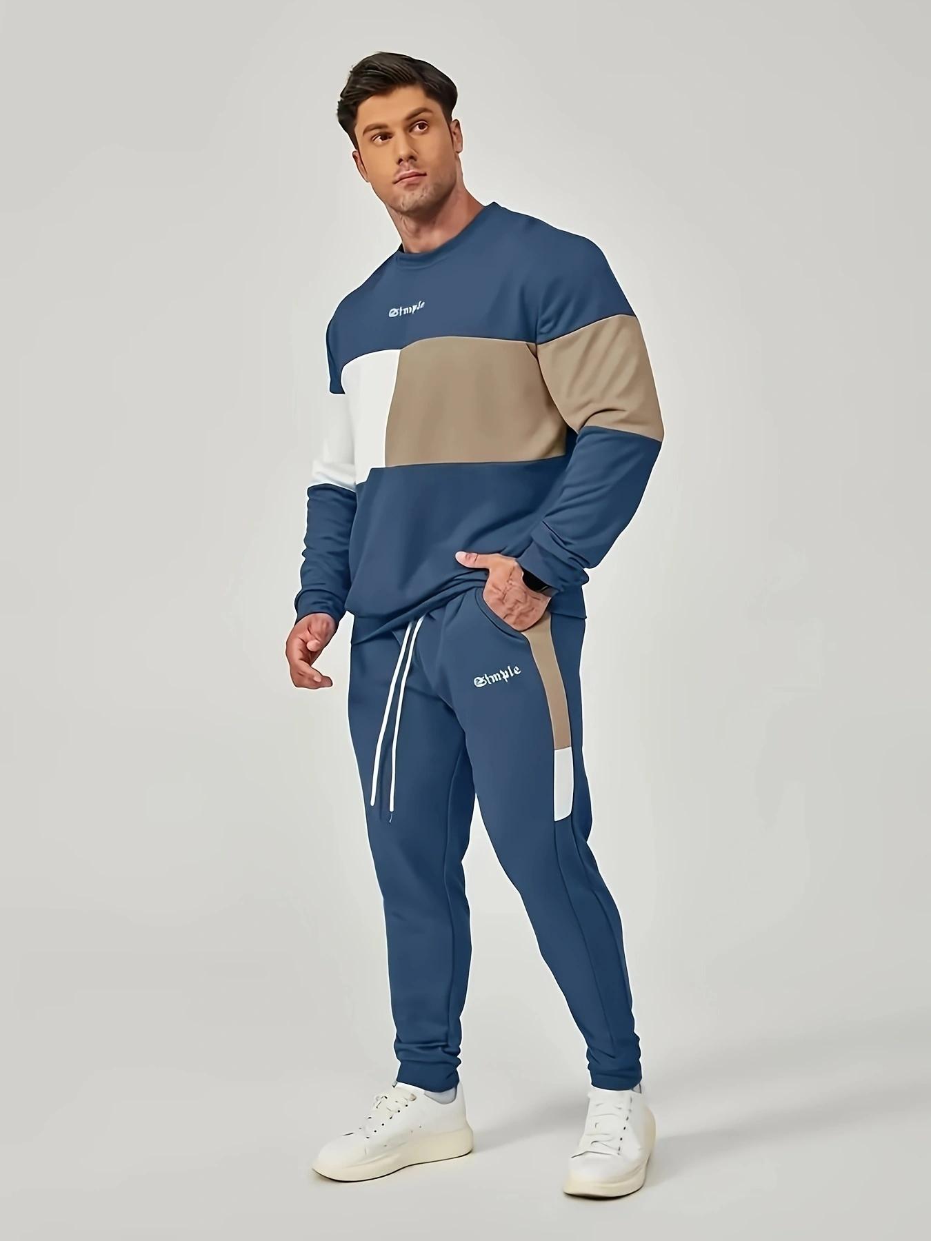 Men's color blocked 2-piece set, casual round neck long sleeved sweatshirt and sweatpants jogging pants set for winter and autumn, men's clothing