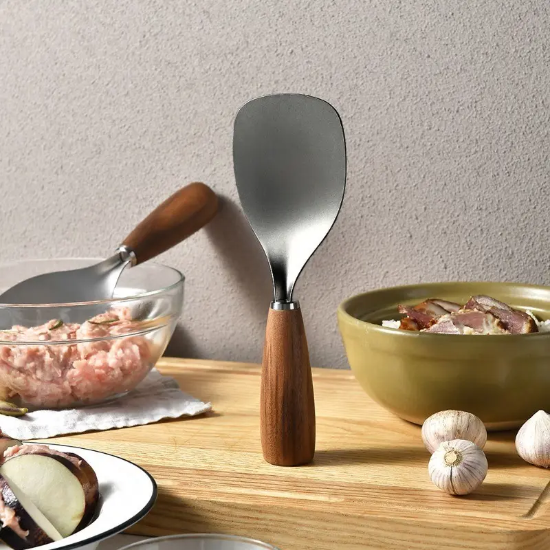 High-Quality Pure Titanium Stainless Steel Rice Spoon, Teak Handle, Non-Stick Standing Spoon, Ergonomic Design, Durable Kitchen Utensil