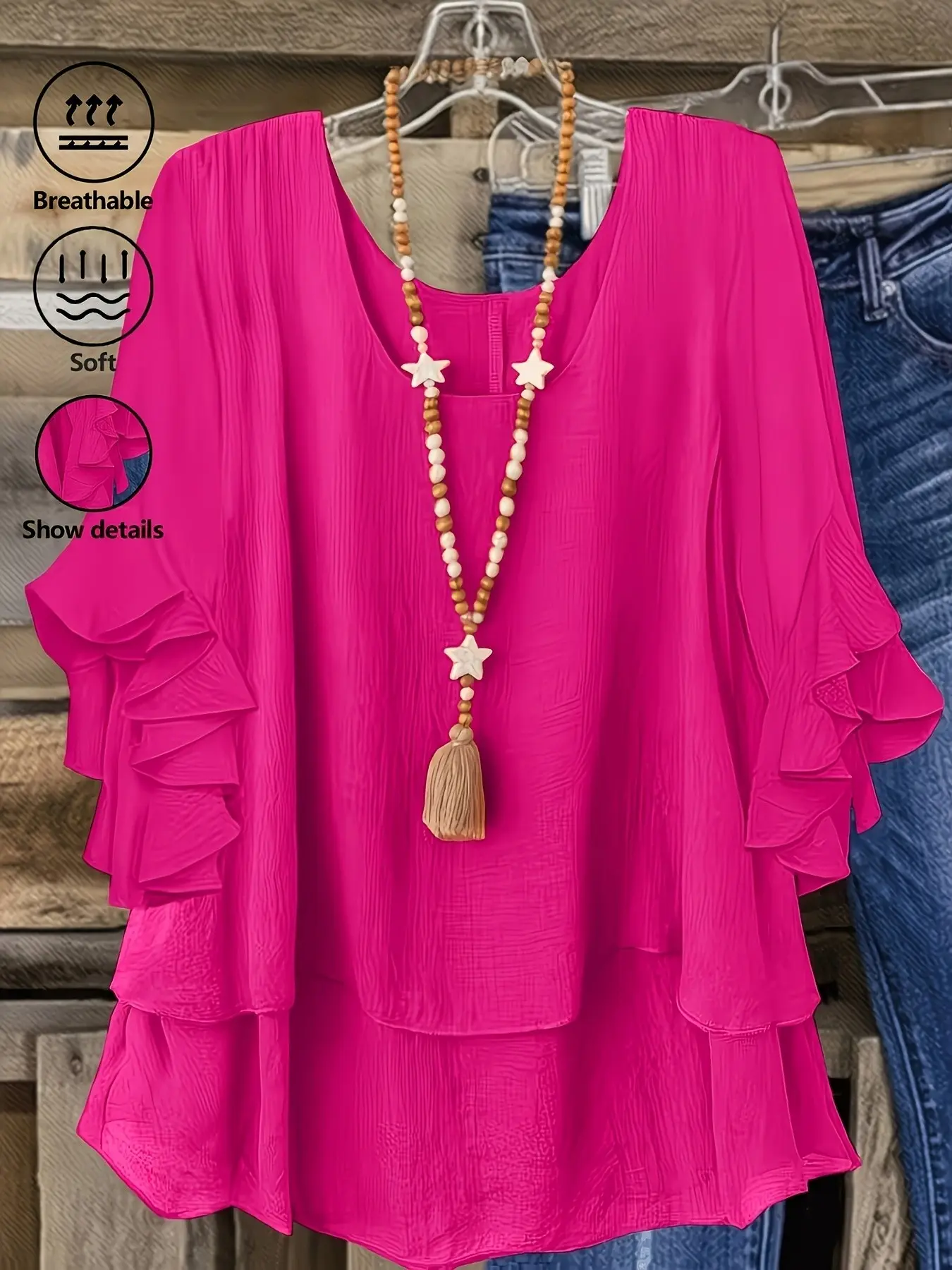 Plus Size Ruffled Layered Boho Resort Blouse Casual Loose Fit Top, Lightweight Textured Fabric, Y2K Clothes Summer Daily Wear, Trendy Romantic Tops, Comfortable Relaxed Fit Casual Ensembles, Stylish Tiered Detail Party Casual Wear, Boho Clothing