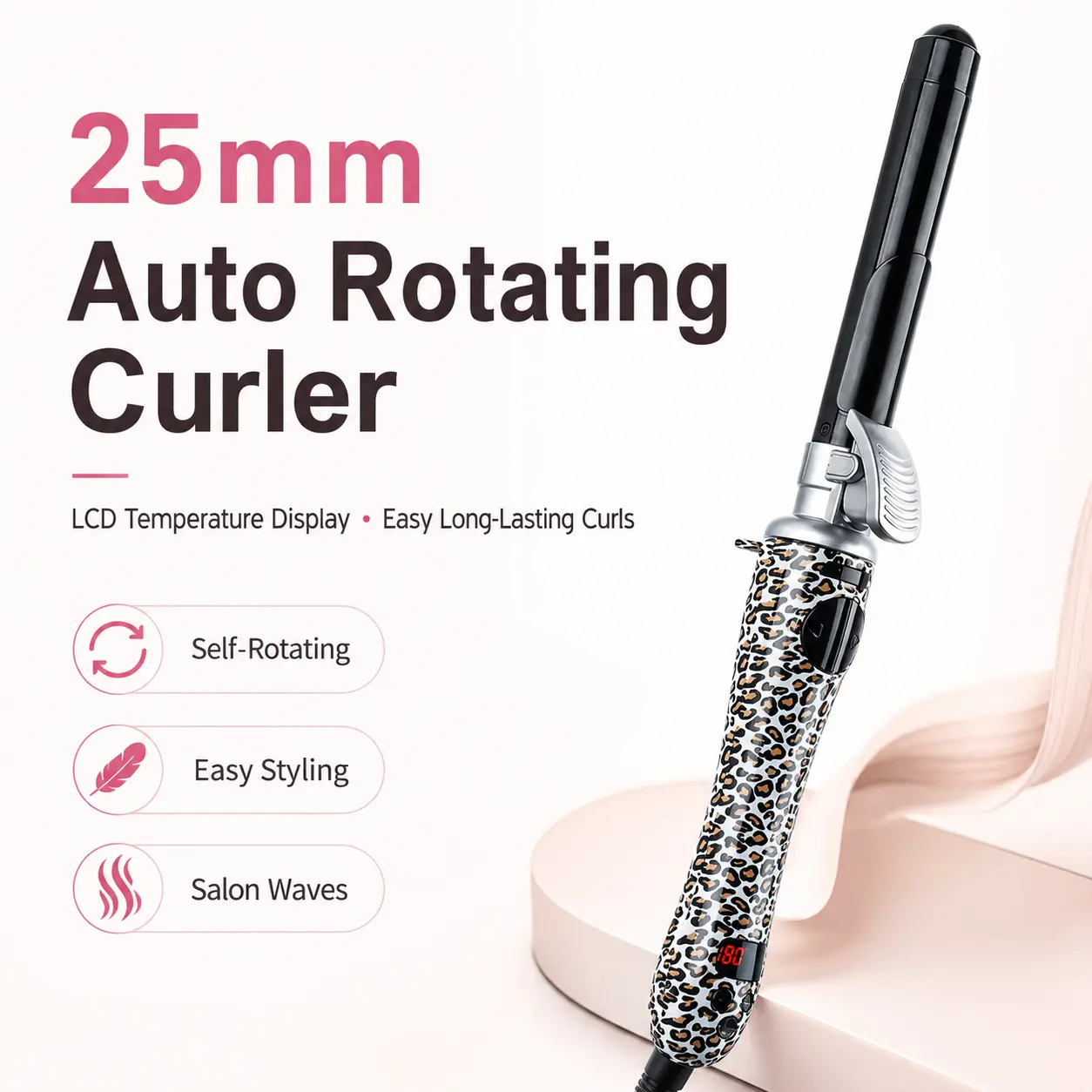 25mm Automatic Rotating Hair Curler with LCD Digital Display, Self-Rotating Electric Curling Iron for Defined Curls and Long-Lasting Waves, Easy Hair Styling Tool for Home, Travel and Salon Use