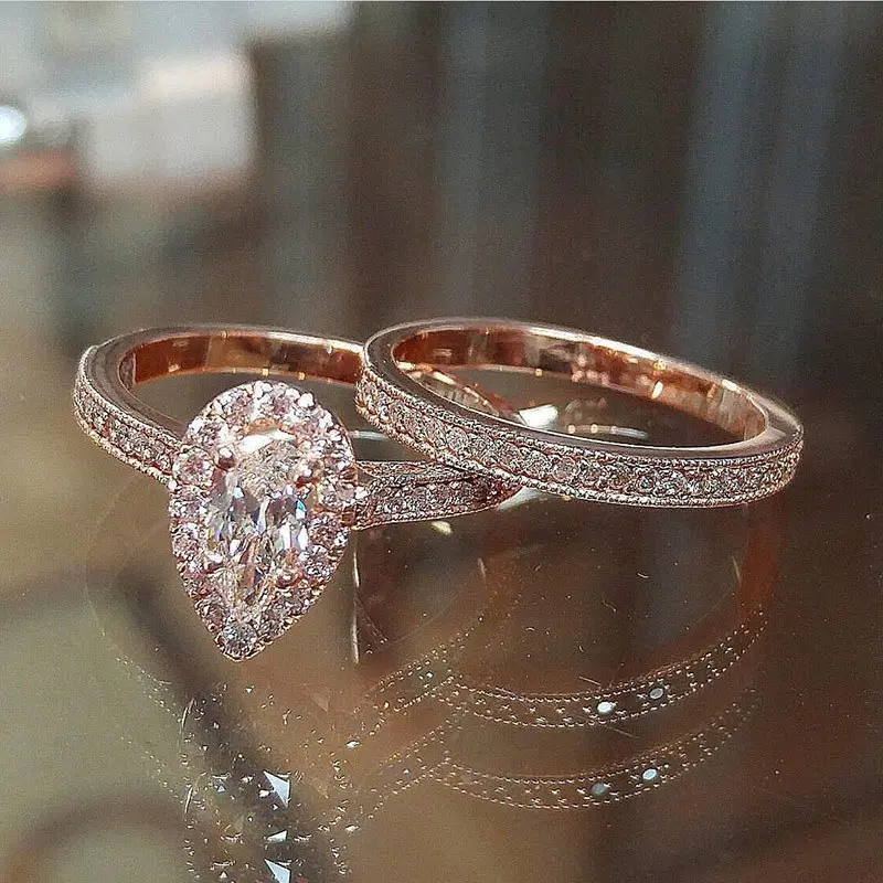 Women's 2-Piece Rose Gold Plated Bridal Ring Set - Pear Cut Halo Cubic Zirconia Engagement Ring, Full Pave Stacking Wedding Band, Romantic Bling Promise Jewelry Gift, Female