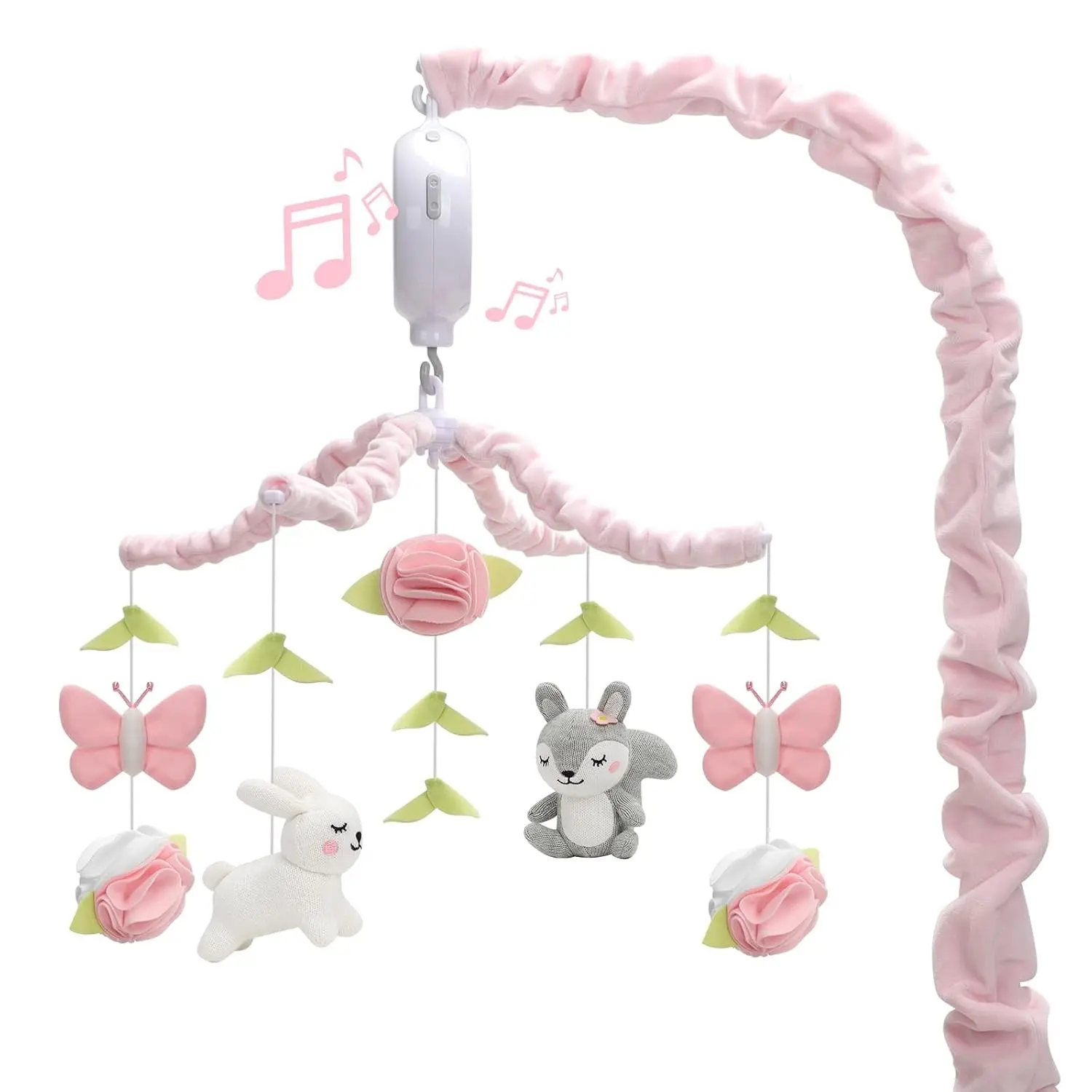 Baby Crib Mobile For Girls, Soft Knitted Woodland Characters Rabbit Squirrel, Pink And White Nursery Decor, Calming Soother With 12 Lullabies Essential And For Girls
