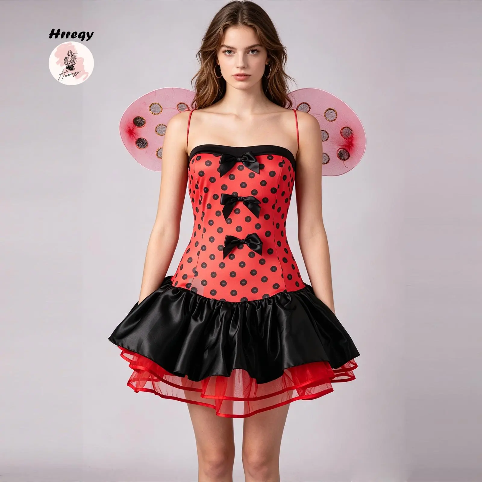 Women Ladybug Costume Set Mini Dress Beetle Wings Antenna Headband and Wand