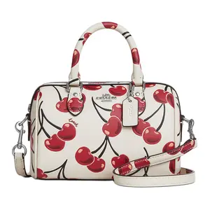 COACH Cherry Print Zip Top Handle Crossbody Bag for Women, Small Leather Shoulder Bag in White and Red