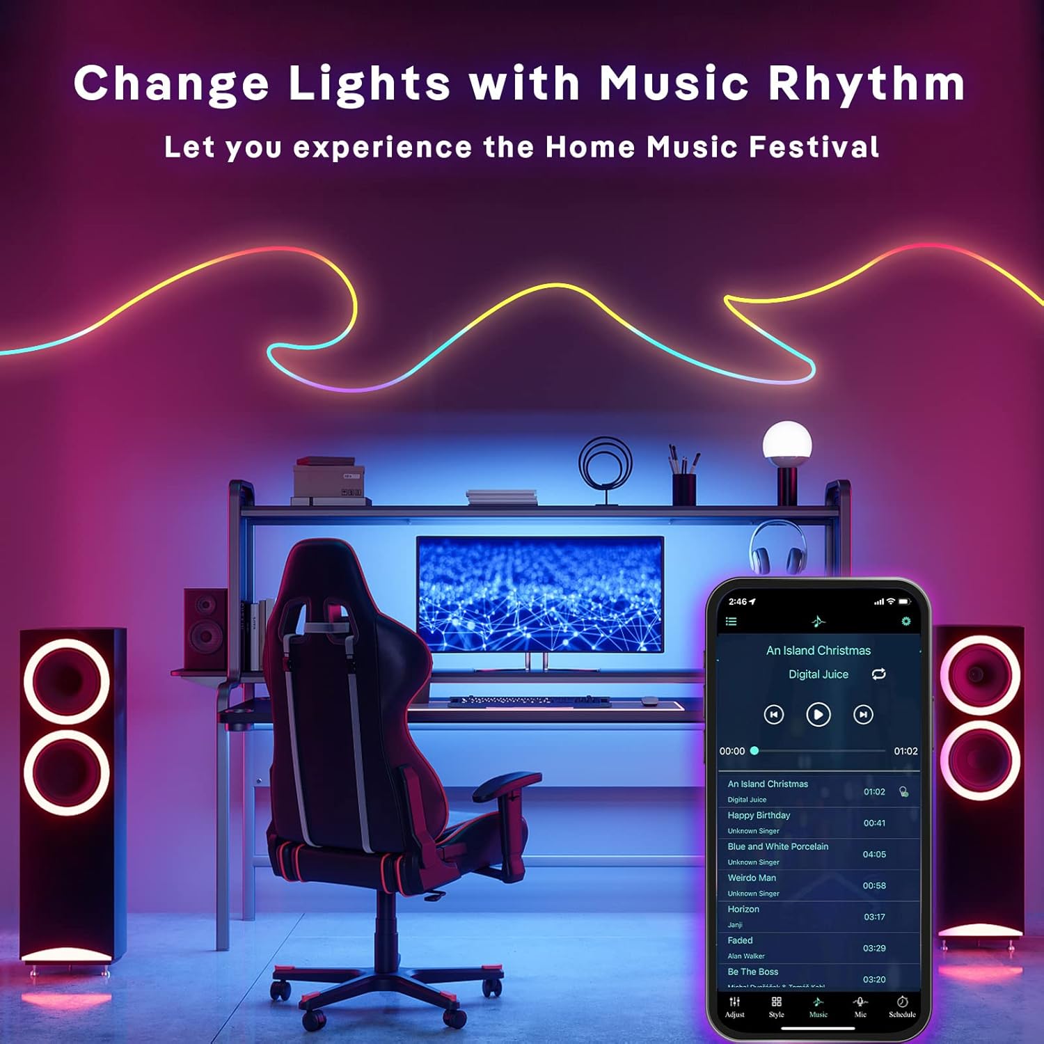 RGB LED Strip Light, 16.4ft Waterproof LED Light Strip with Remote Control & APP Control, Decorative Light for Bedroom, Living Room, Party, Festival