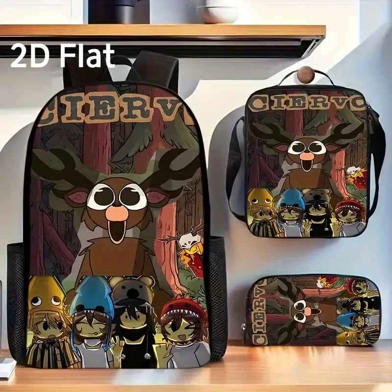 Waterproof 3-in-1 Oxford Backpack Combo, Insulated PEVA Lunch Bag Pencil Pouch, Cartoon Deer Masked Character Dark Forest Scene Print, Breathable Padded Straps for School Daily Outdoor Casual Trips
