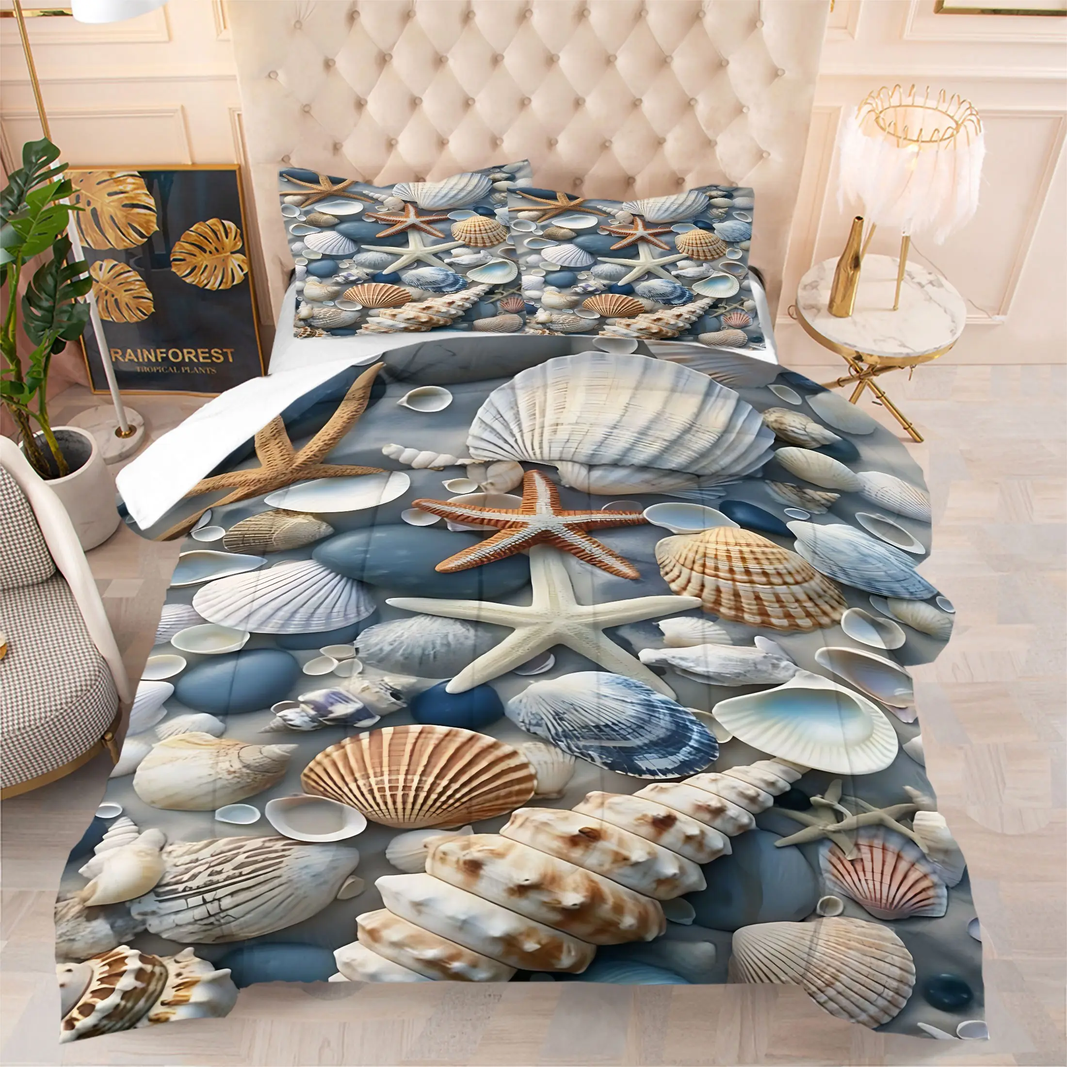 Summer Beach Theme Comforter Set,Includes 1 Comforter & 1-2 Pillowcases,Starfish Conch Seashell Print Bedding Set,Soft Breathable All Season Microfiber Bedding Set,Great Gift for Teens College Students Dorm Apartment Decor