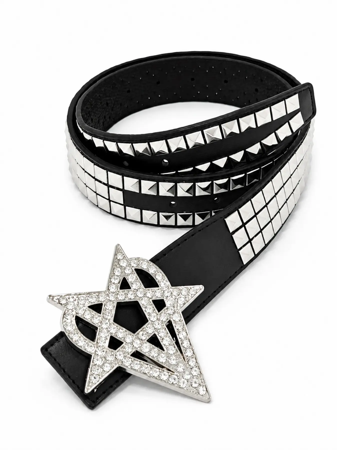 Five-Pointed Star Heart Rhinestone Rivet Belt, Gothic Style Silver Color Square Rivet Design, Unisex Streetwear Accessory, Rhinestone Studded Belt, Decorative Belt