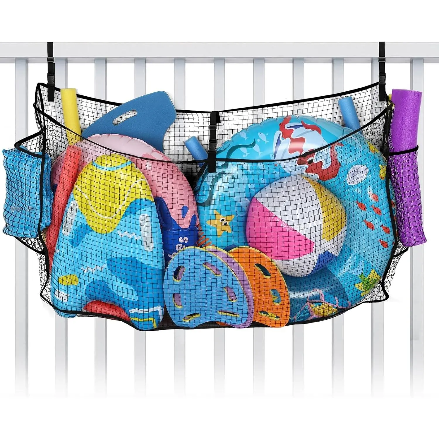 Large Pool Float Toy Storage Net - 59 x11.8x33.5in Durable Mesh Net Organizer for Fence with Straps, Poolside Fence Toys Holder for Inflatable Rafts Pool Noodles Balls Swimming Ring